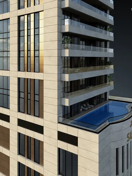 A detail of the Worli high-rise, showcasing the integration of private pools on the podium levels. The facade is a vision in glazed cladding, reflecting the essence of modern, timeless design, while cascading greenery adds a touch of subtlety.