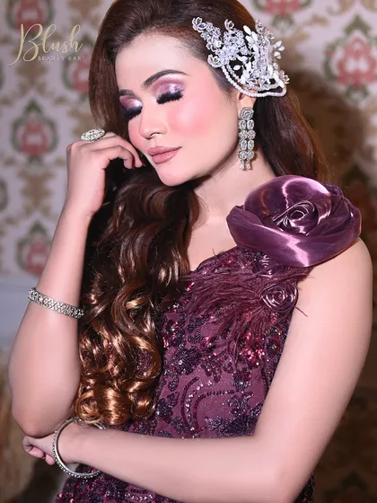 A final shot of this engagement look, showing the harmony between the makeup, the intricate dress, and the sparkling accessories.