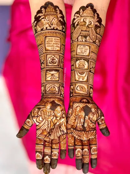 I designed this unique bridal mehndi with separate panels, each telling a part of the wedding story. It features detailed portraits of the bride and groom, auspicious symbols like Lord Ganesha, and important wedding rituals, all framed with incredible precision.
