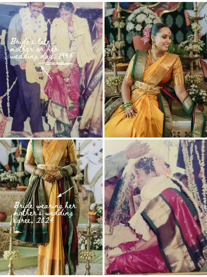 This collage shows our heirloom repurposing service in action. We took our bride's late mother's wedding saree from 1994 and thoughtfully draped it with her new Kanjeevaram, bridging generations through textile and memory.