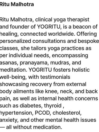 A snippet from the India Today article describing my work as a clinical yoga therapist and founder of Yogritu. It highlights my approach of offering personalized consultations and bespoke classes for holistic well-being.