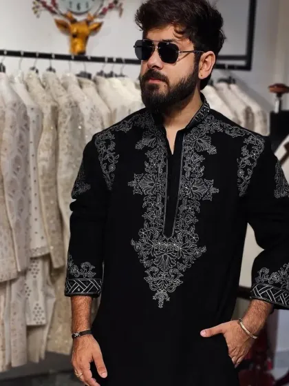 A full shot showcasing the entire black kurta set.