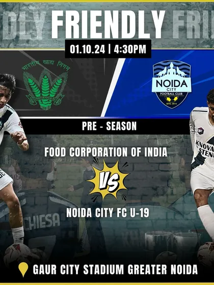 A pre-season friendly match poster for our U19 team against the Food Corporation of India. We seek out institutional games to give our players diverse competitive experience.