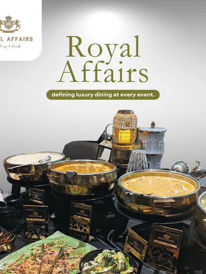 I define luxury dining at every event. This elaborate buffet spread showcases a wide array of dishes in my signature brass serveware, accented with decorative lanterns to enhance the royal ambiance.
