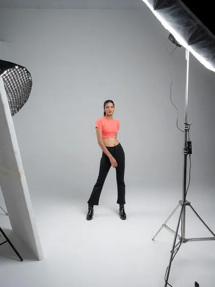 A behind-the-scenes look at a shoot for Druscilla Fashion, showing the lighting setup on our white cyclorama.