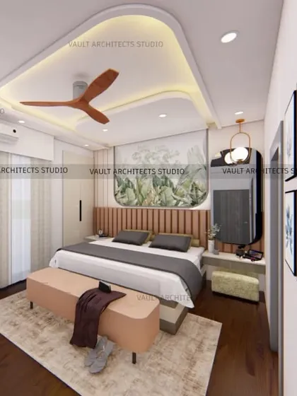 This bedroom design focuses on creating a calm and inviting atmosphere. The 3D render visualizes the use of soft lighting, a custom wallpaper accent, and a balanced color palette.