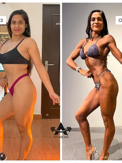 A side-pose comparison showing my transformation. This highlights the dramatic reduction in body fat and the muscle definition I achieved through a long, strategic cutting phase.
