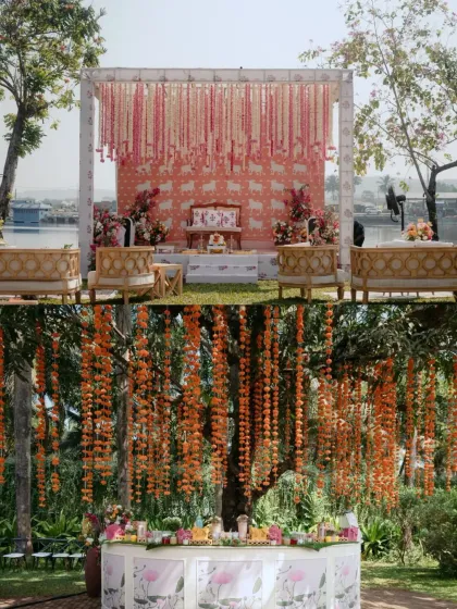 A collage of a Goan wedding, showcasing a traditional muhurat setup with marigolds and a beachside mandap with banana leaves. We blend tradition with the local environment.