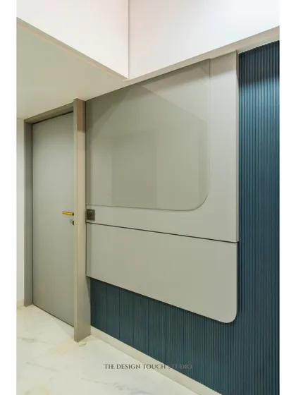 Here, the study table is shown in its folded-up position, appearing as a sleek, decorative wall panel. This design is ideal for bedrooms or compact apartments where maximizing space is essential.