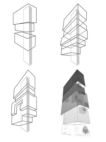 These diagrams for the J-House illustrate the adaptation of three indigenous elements: the Courtyard, the Verandah, and the Jaali. The building's form evolved through iterations of these three passive design strategies.