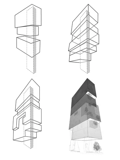 These diagrams for the J-House illustrate the adaptation of three indigenous elements: the Courtyard, the Verandah, and the Jaali. The building's form evolved through iterations of these three passive design strategies.