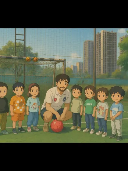 An artistic, Ghibli-style reimagination of our little stars with their coach. This captures the magical feeling of starting your football journey.