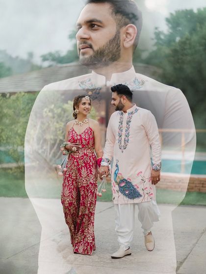 A dreamy double-exposure portrait from the Mehendi ceremony. It combines a walking shot of the couple with a larger, translucent image of the groom, creating an artistic effect.