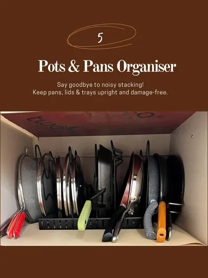 Say goodbye to noisy stacking with a pots and pans organizer. It keeps lids and trays upright and damage-free.