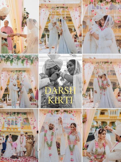 A large collage telling the complete story of a beautiful wedding in white, from rituals to romantic moments.