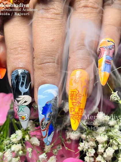 Learn to create culturally rich and detailed nail art that clients love. This Shiv-themed set shows the fusion of devotion and high-fashion nail design, a unique skill we teach in our festival-inspired workshops.
