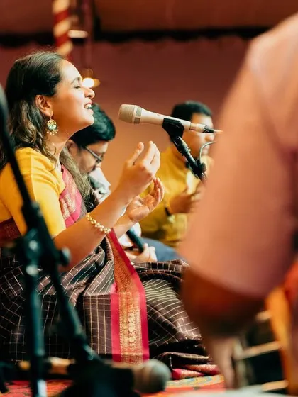 A close-up shot from the Sree Ramaseva Mandali concert, capturing a moment of deep immersion in the music. Every concert is a chance to connect with the divine through sound.