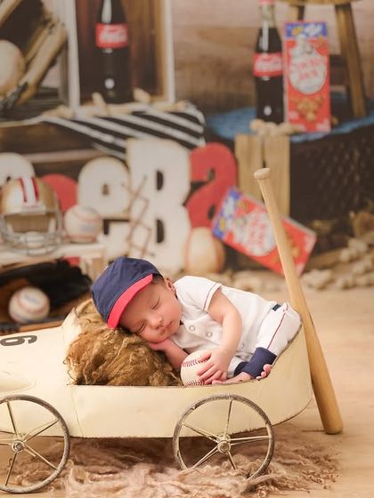 The full setup for our baseball theme, featuring a background of vintage sports memorabilia and Coca-Cola bottles for a nostalgic, all-American feel.