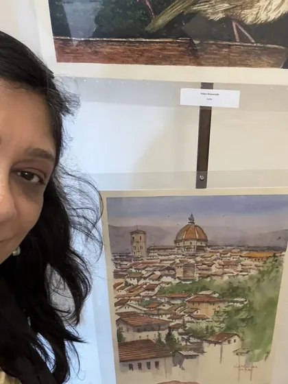 My friend and fellow artist Shikha Garg with my watercolor painting of Florence at the Fabriano In Acquarello festival in Italy. I was so happy to see my work exhibited there.