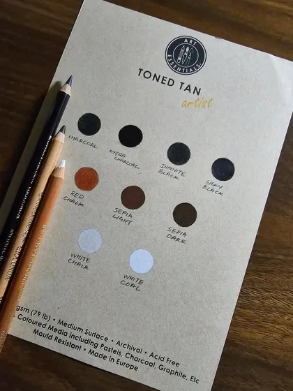 A color chart I created on toned tan paper to test a range of charcoal, chalk, and sepia pencils.