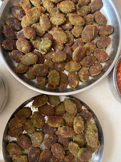 Trays of Hara Bhara Kebabs ready for a party of 100+.