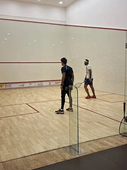A glimpse of a competitive match at the JSW Memorial Squash Open 2023.