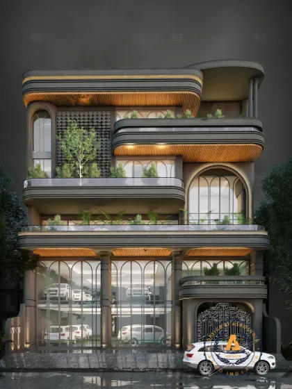 For this stunning facade in South Extension Part 2, Delhi, we took inspiration from both classic and contemporary styles. The arches and mouldings are a nod to traditional architecture, while clean lines and modern colors give it a contemporary edge.