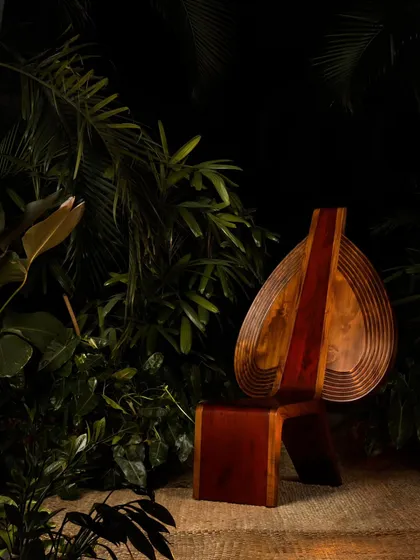 Various angles of the Vismayam chair, showcasing its intricate details, the contrast of different wood grains, and its powerful, sculptural presence. Each view offers a new perspective on this piece of collectible, art-inspired furniture.