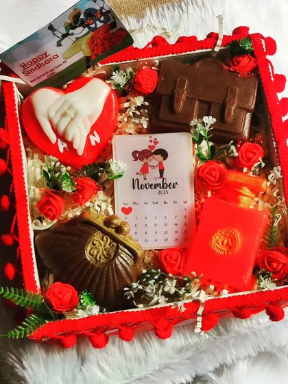 A closer look at the Sindhara hamper, showing the detail on the handmade couple's soap and the other themed items.