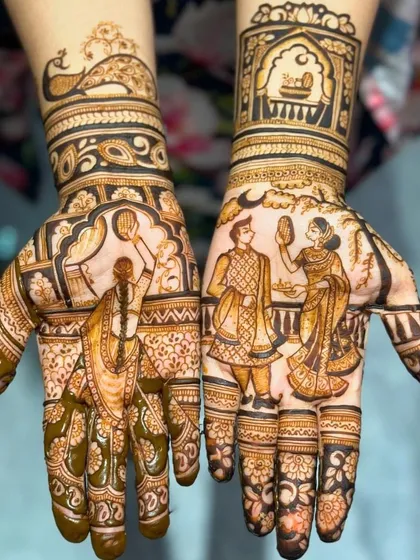 A complete Karwa Chauth story on both hands. One palm shows a woman looking at the moon, while the other shows the couple together, celebrating their bond.