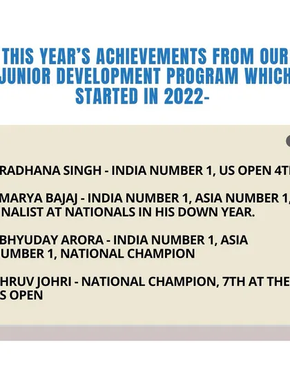 The incredible success of our Junior Development Program, which started in 2022. In a short time, we have produced multiple India Number 1s and National Champions.