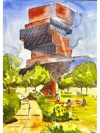 The final watercolour painting of Boston University's Data Science building. I used vibrant greens and earthy reds to capture the contrast between the park and the modern structure.