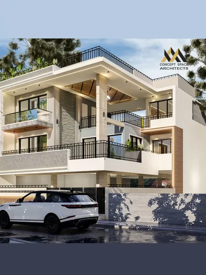 We designed this minimal and aesthetic home for a joint family in Greater Noida. The final 3D render shows the interplay of levels and open spaces, complete with a terrace garden and modern luxuries, exactly as the client envisioned.