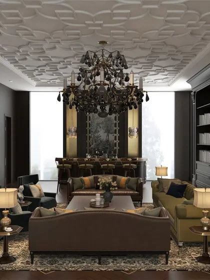 A wider view of the family lounge, revealing a built-in bar area. The space is designed for both relaxation and elegant entertaining, with a classic, club-like atmosphere.