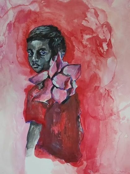 A cropped version of "Boy Carrying Lotus," emphasizing the central figure against the abstract background.