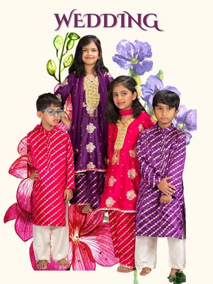 For a grand 'Wedding' event, I designed these rich purple and pink outfits. The intricate gold embroidery and luxurious fabrics ensure the little guests look just as special as the occasion.