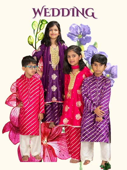 Ready for a wedding, these two sibling pairs look stunning in jewel tones. The boys wear striped kurtas in red and purple, while the girls wear intricately embroidered suits to match.