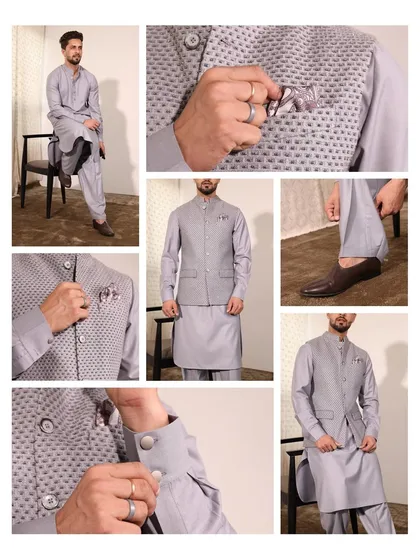 A silver-colored brick-textured jacket paired with a silver pathani kurta and salwar. This blend of ethnicity and elegance is perfect for festive celebrations.
