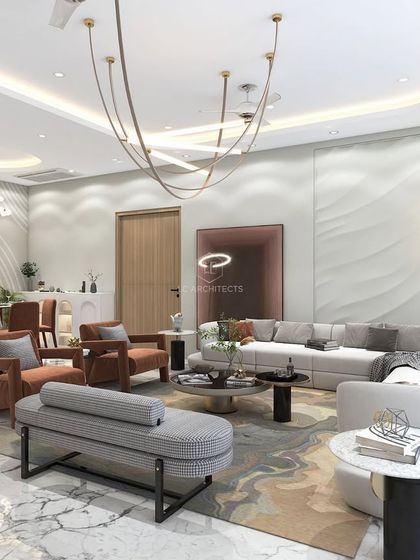 A render of a living and dining space where texture is key. Wavy patterns on the walls and a mix of materials like marble, wood, and metal create a dynamic and visually interesting environment.