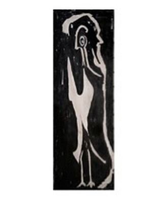 The full view of F.N. Souza's 'Tribute to Rabindranath Tagore'. This elongated canvas emphasizes the flowing form of Tagore's beard, which cleverly incorporates other symbolic figures in Souza's complex visual language.