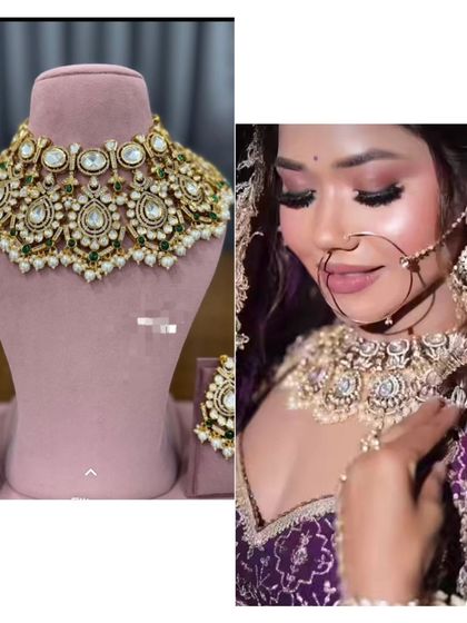 This image shows the rental jewellery on a mannequin and on a model, highlighting the heavy Kundan work and pearl drops.