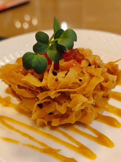 A crispy nest-style appetizer, beautifully plated with a drizzle of sauce and a microgreen garnish. This dish showcases our focus on texture and artistic presentation.