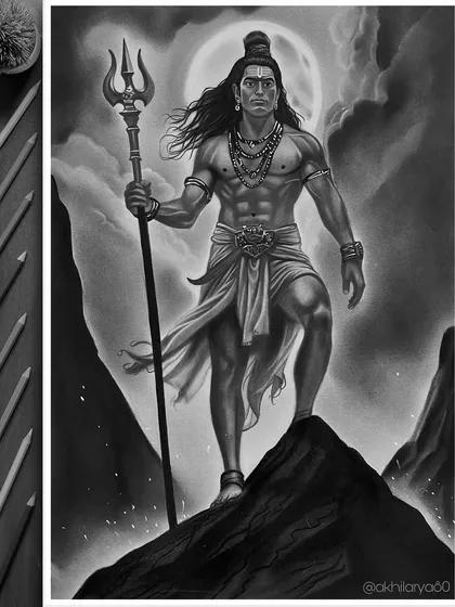 A powerful depiction of Mahadev, created using graphite and charcoal. This piece captures the dynamic energy of Lord Shiva, standing strong with his Trishul against a moonlit sky.