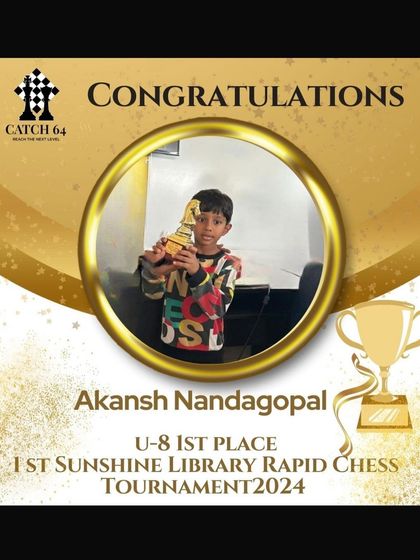 A fantastic 1st place win for Akansh Nandagopal in the U-8 category at the 1st Sunshine Library Rapid Chess Tournament. We are thrilled to see our youngest competitors succeed.