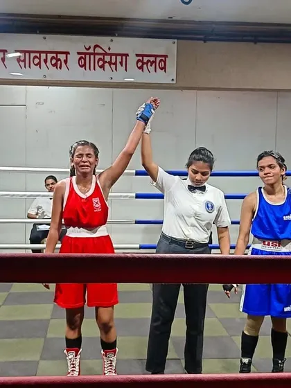Anjali Yadav celebrating her win at the Swatantraveer Savarkar Jayanti tournament. We teach our boxers to be assertive and control the fight from the first bell.