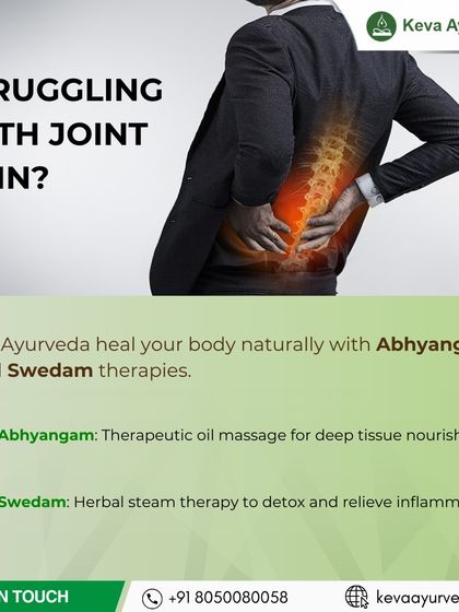 For joint pain, we combine Abhyangam, a therapeutic oil massage for deep tissue nourishment, with Swedam, an herbal steam therapy to detoxify and relieve inflammation, offering a powerful path to natural healing.