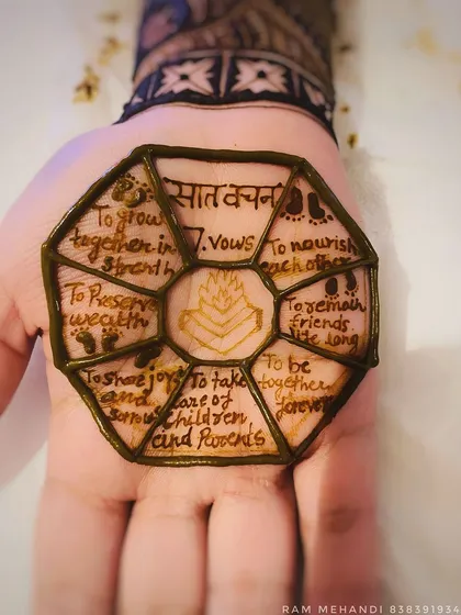 Your mehndi can include details that are deeply personal to you. This design incorporates the seven sacred vows of a Hindu wedding, written carefully within a geometric pattern on the palm.