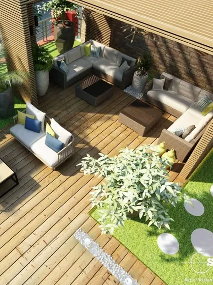 An aerial view of a spacious rooftop terrace we designed. It includes multiple seating areas, a swing, and green patches, transforming the roof into a versatile and rejuvenating garden oasis.