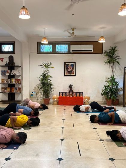 Students in the teachers' class prepare for Bhujangasana, the cobra pose. The synchronized movement reflects the shared understanding and discipline of the group.