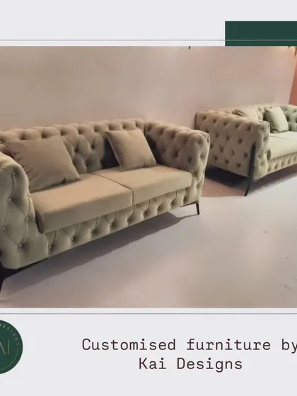 A classic Chesterfield sofa set we crafted, featuring deep button-tufting and a soft, neutral fabric. This timeless design brings an air of sophistication and traditional comfort to any interior.